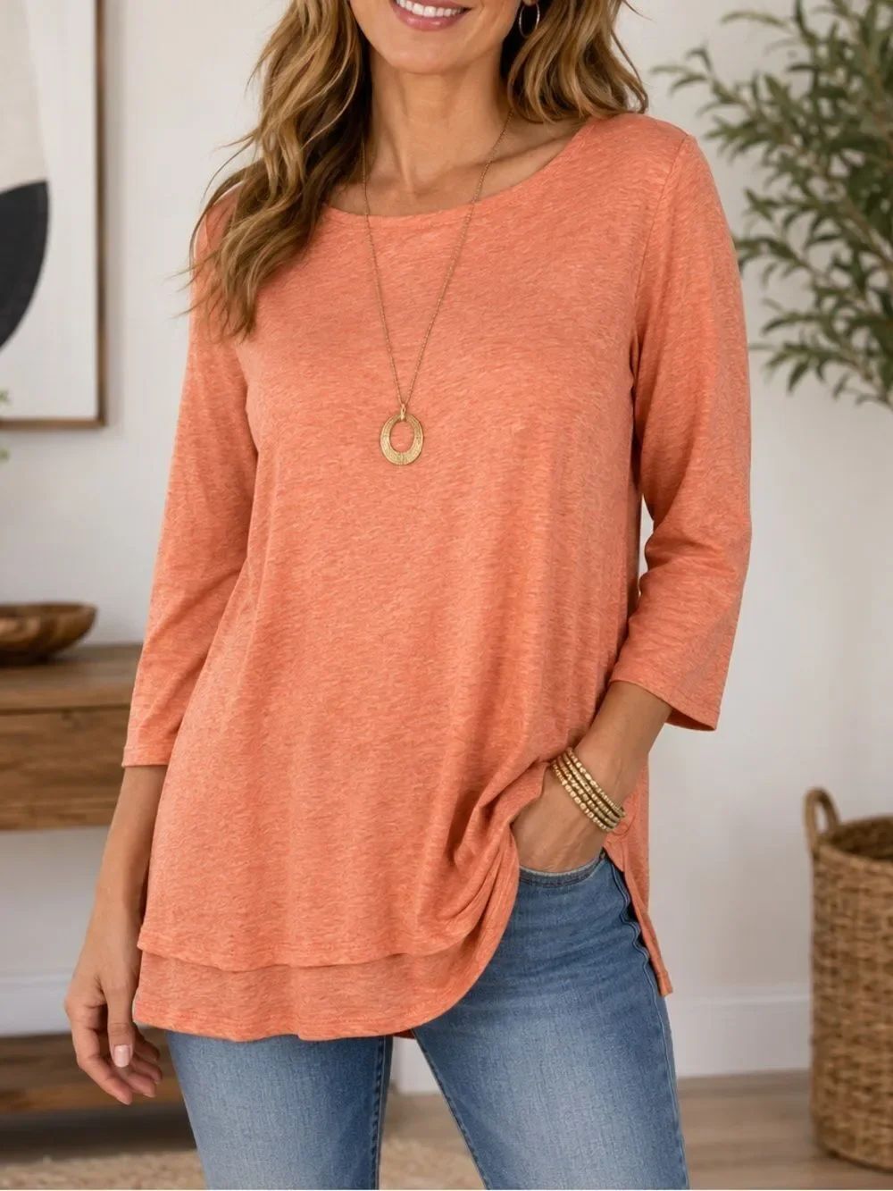 J. Jill Pure Jill Peach Color Boat-Neck Layered Tunic Top size L